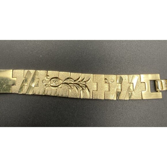 Vintage Gold Plated Link ID Bracelet Etched Fish Floral Signed LC Unisex 7.5x.5" - Picture 13 of 14